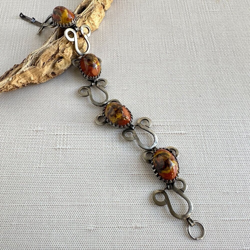 Vintage 7.5" Art Glass Bracelet Red Yellow Brown